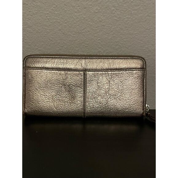 Coach Wallet Womens Metallic Silver Zip Around Leather Accordion Clutch - Picture 3 of 8